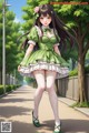 A girl in a green dress and white stockings walking down a street.